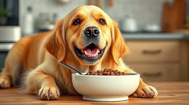 Golden retriever happily eating hypoallergenic dog food from ceramic bowl