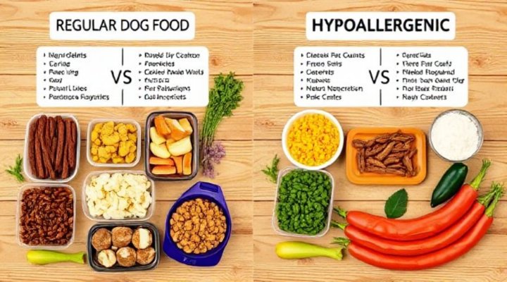 Visual comparison showing regular dog food ingredients versus hypoallergenic alternatives