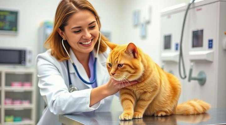Caring veterinarian gently examining a relaxed cat during urinary health check-up