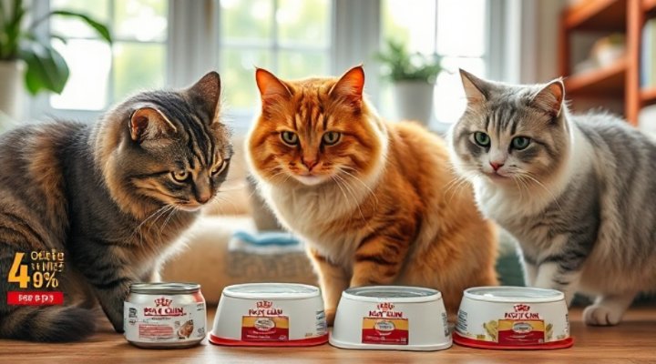 Multiple cats sharing urinary health food in harmonious home setting