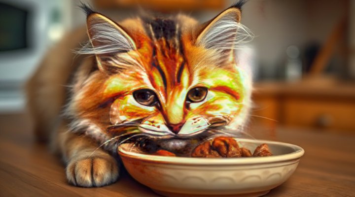 Cat enjoying moist wet food with visible gravy