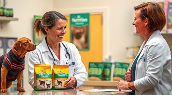 Caring veterinarian explaining cat food options to attentive pet owner