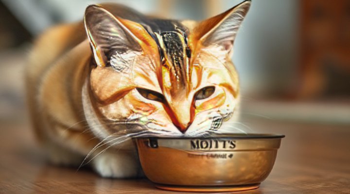 Older cat easily eating wet food that supports dental health