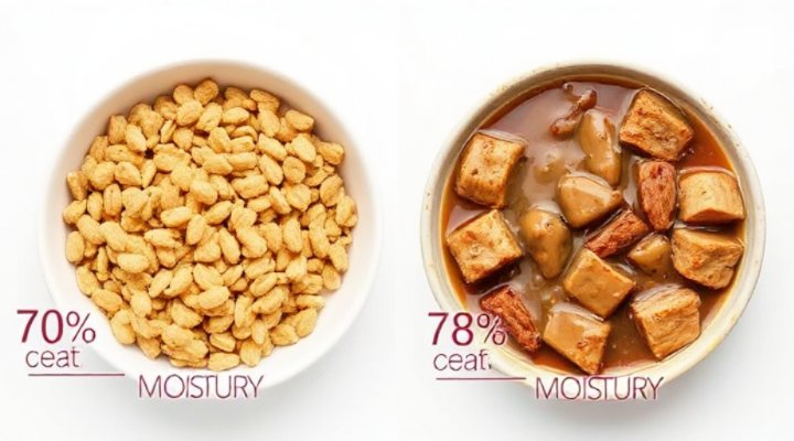 Side-by-side comparison showing moisture content in wet vs dry cat food