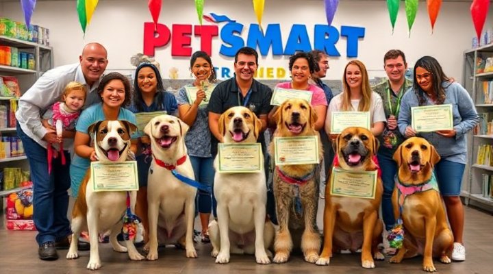 Happy dogs and owners celebrating graduation from Petsmart training classes