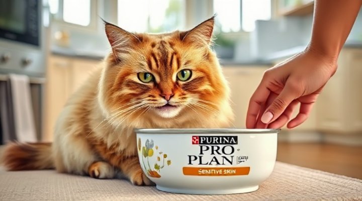 Cat with smooth fur eating from a bowl of Purina Pro Plan sensitive skin formula