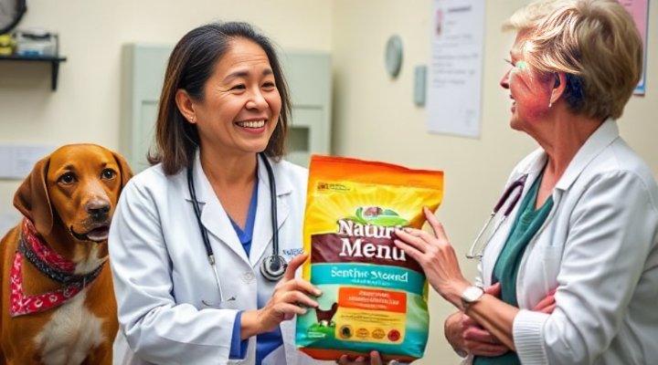 Friendly veterinarian discussing Natures Menu dog food with pet owner