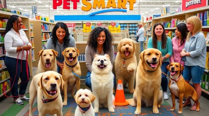 Group of dogs and owners participating in Petsmart training class with certified instructor
