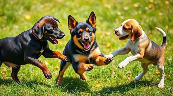 Group of healthy purebred puppies playing together after meal time