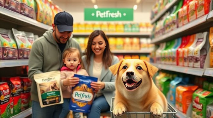 Happy family discussing Pet Fresh dog food selection in store