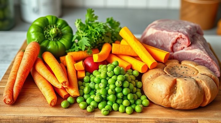 Fresh vegetables and meats for dog food preparation