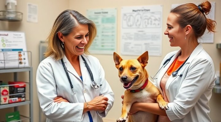 Professional veterinarian discussing vegan diet options with caring dog owner