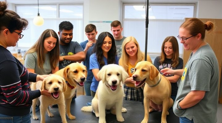 Students practicing dog grooming skills under instructor guidance in a training course