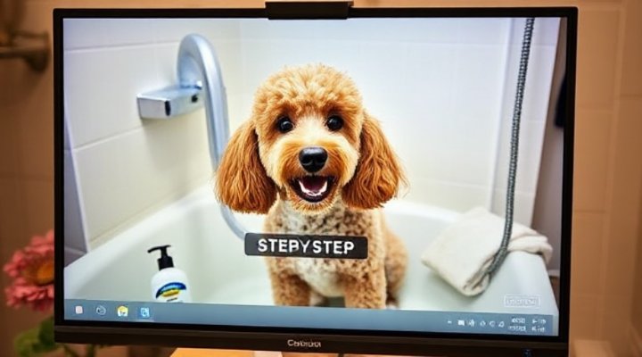 Online course showing proper dog bathing technique with happy poodle