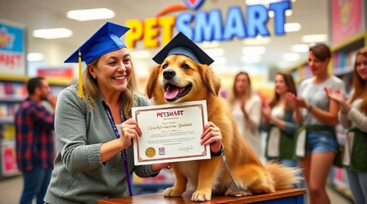 Happy dog and owner receiving certificate at Petsmart training graduation ceremony