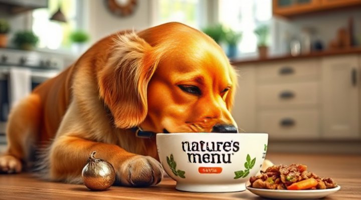 Golden retriever happily eating from bowl with Nature