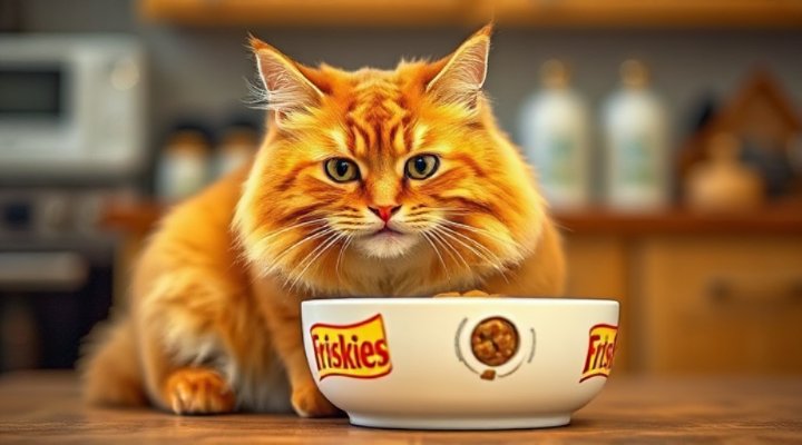 Cat eating Friskies wet food from a bowl