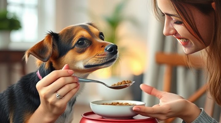 Caring owner feeding dog with picky eater solutions