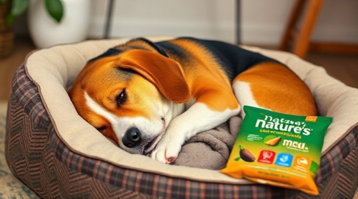 Content dog resting comfortably after meal with improved digestion