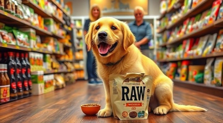 Cute dog eating raw food from a bowl with a local pet store background