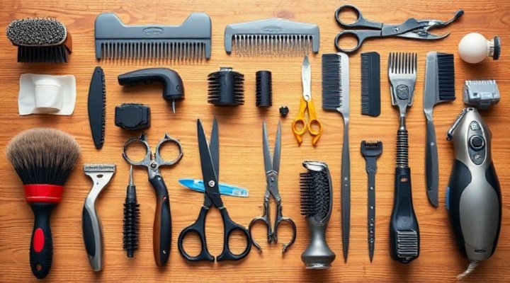 Beginner dog grooming toolkit with brushes, combs, clippers and scissors