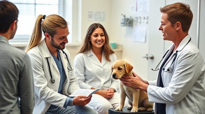 Professional veterinarian discussing pedigree puppy food options with attentive pet owner