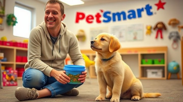 Cute golden retriever puppy sitting attentively with owner during Petsmart training session
