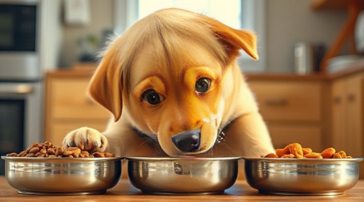 Cute picky eater dog sniffing different dog food options with curious expression