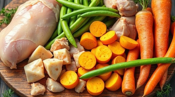 Close-up view of fresh vegetables and meats used in Pet Fresh dog food
