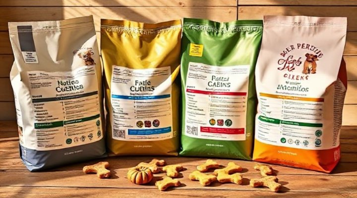 Side-by-side comparison of premium dog food brands with visible ingredient lists