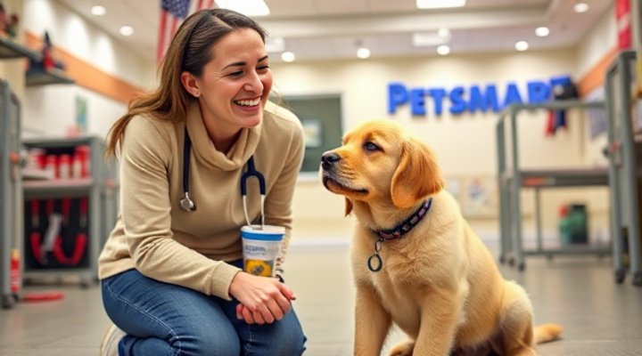 Professional dog trainer working with happy golden retriever at Petsmart training class