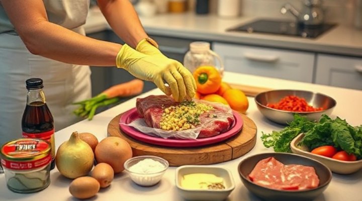 Person safely preparing raw dog food with gloves