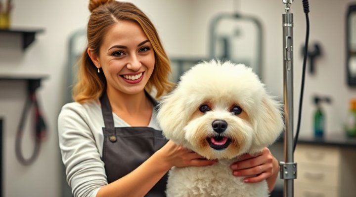 A professional groomer smiling while gently brushing a cute, fluffy white dog in a grooming salon