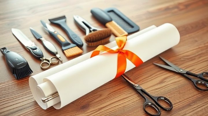 Organized grooming tools like clippers, brushes, and scissors next to a certificate document on a table