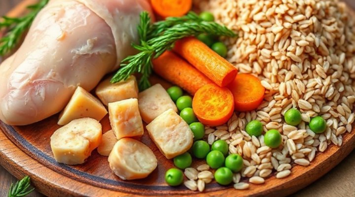 Close-up view of Natures Menu dog food ingredients like chicken, carrots, and peas