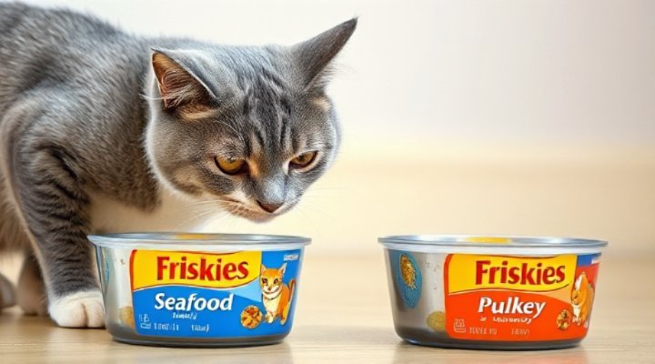 Cat choosing between different Friskies flavors