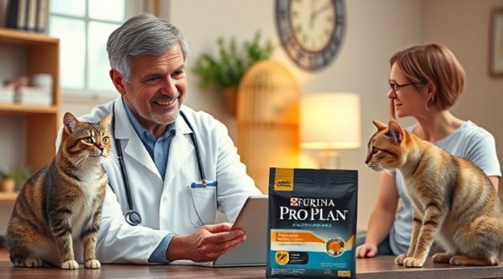 Friendly veterinarian explaining Purina Pro Plan benefits to a concerned cat owner
