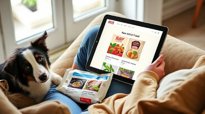 Person browsing raw dog food options on a tablet with a happy dog nearby