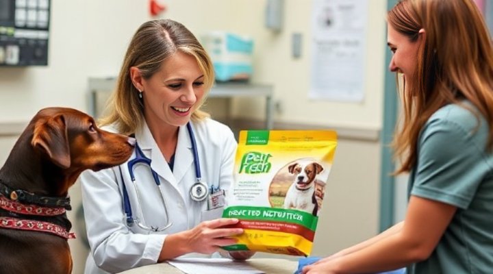 A caring veterinarian discussing Pet Fresh dog food with a pet owner