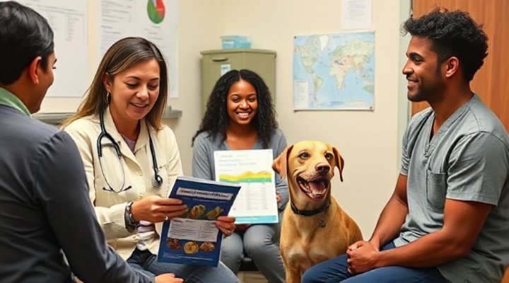 Veterinarian discussing vegan dog food options with pet owners