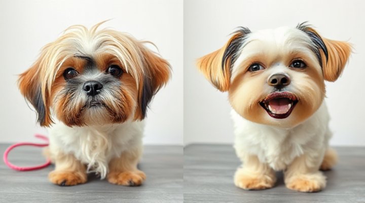 Transformation showing a dog before and after professional grooming with a neat trim
