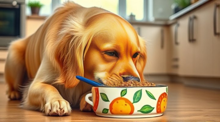 Cute golden retriever enjoying vegan dog food from colorful bowl