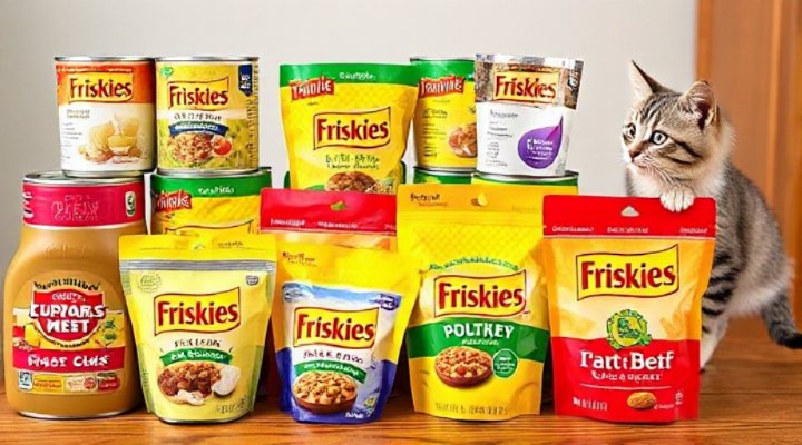 Assorted Friskies wet cat food cans and pouches