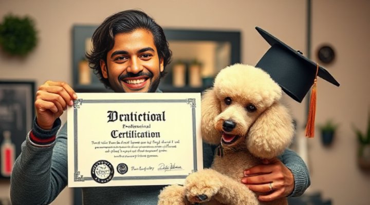 A proud groomer holding a certification diploma while hugging a freshly groomed poodle