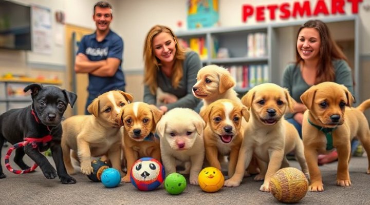 Playful puppy socialization session during Petsmart training class with gentle supervision