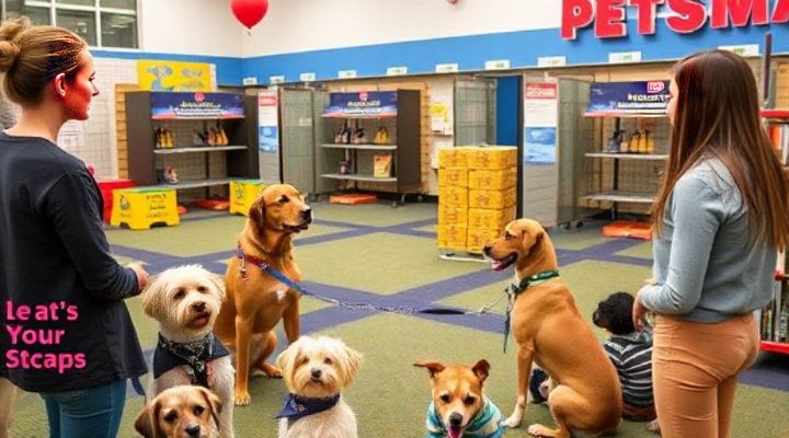 Professional Petsmart trainer showing sit command to beginner dog class