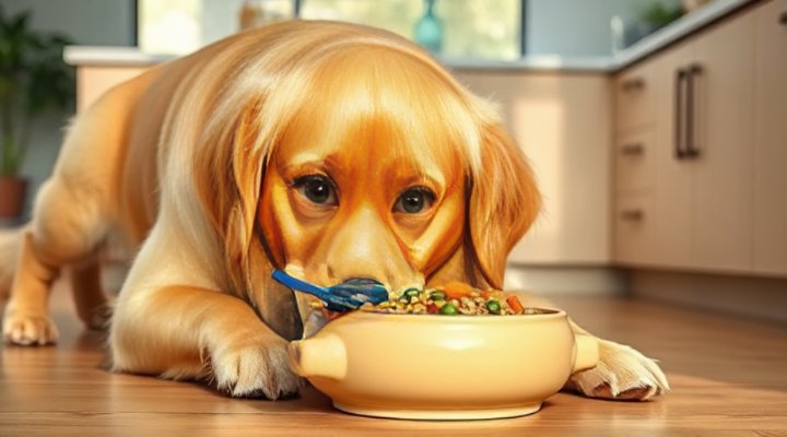 Golden retriever happily eating from bowl of plant-based dog food