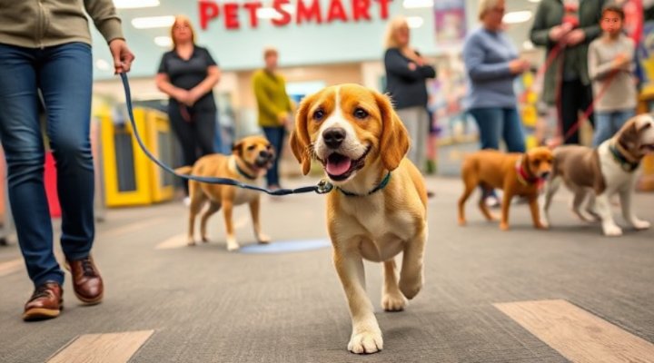 Beginner dog successfully walking on leash during Petsmart training class
