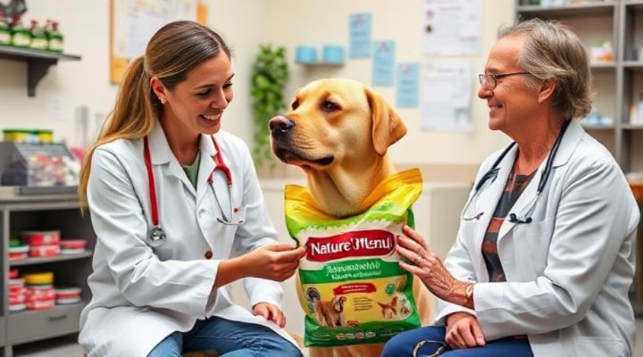 Friendly veterinarian discussing dog nutrition with pet owner holding Nature