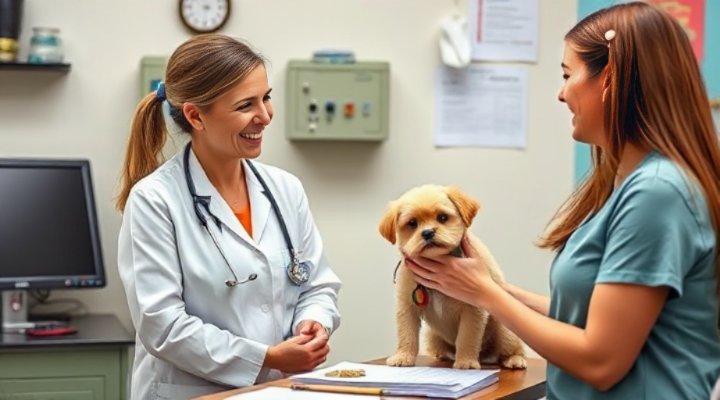 Friendly veterinarian advising pet owner on food choices